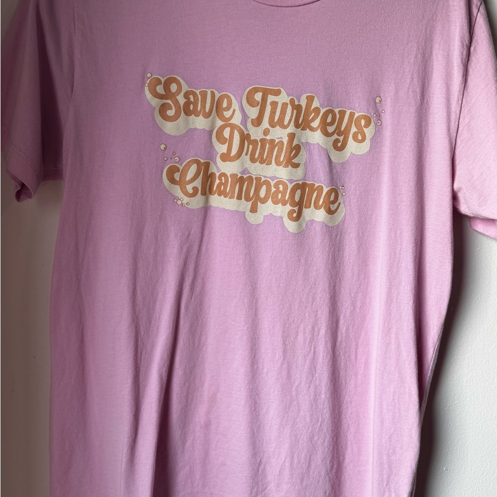 Pink Champagne Graphic Tee with Thanksgiving Slogan Medium